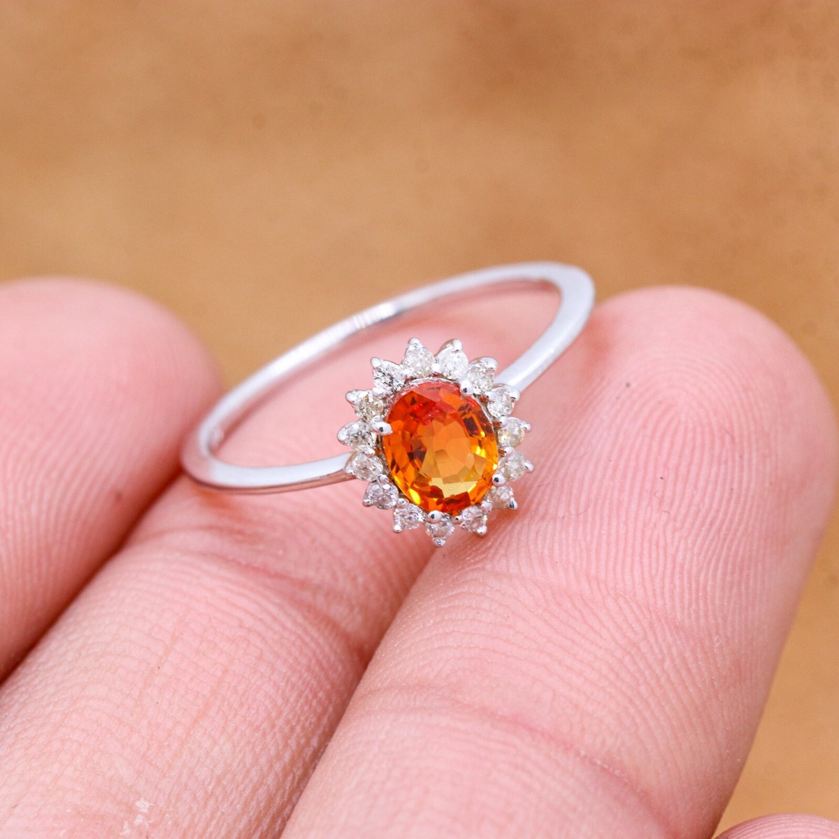 Natural Oval Orange Sapphire &Diamond Flower Wedding Ring In 925