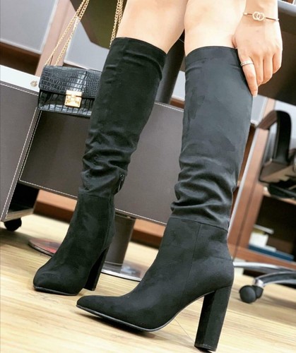 TRONCHETTI NERI DONNA SCAMOSCIATI STIVALETTI A PUNTA IN CAMOSCIO CON TACCO  ALTO | eBay