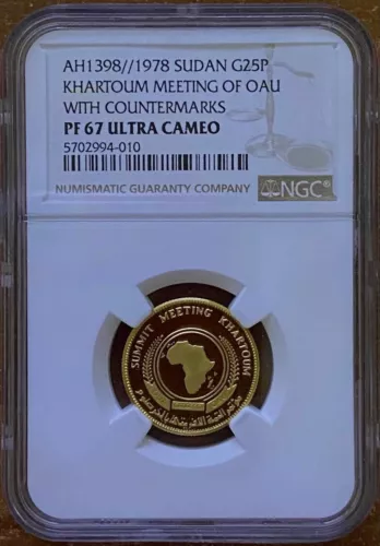SOUTH SUDAN , GOLD 25 POUNDS 1978 OAU WITH COUNTERMARKS NGC PF 67 UC , RARE5