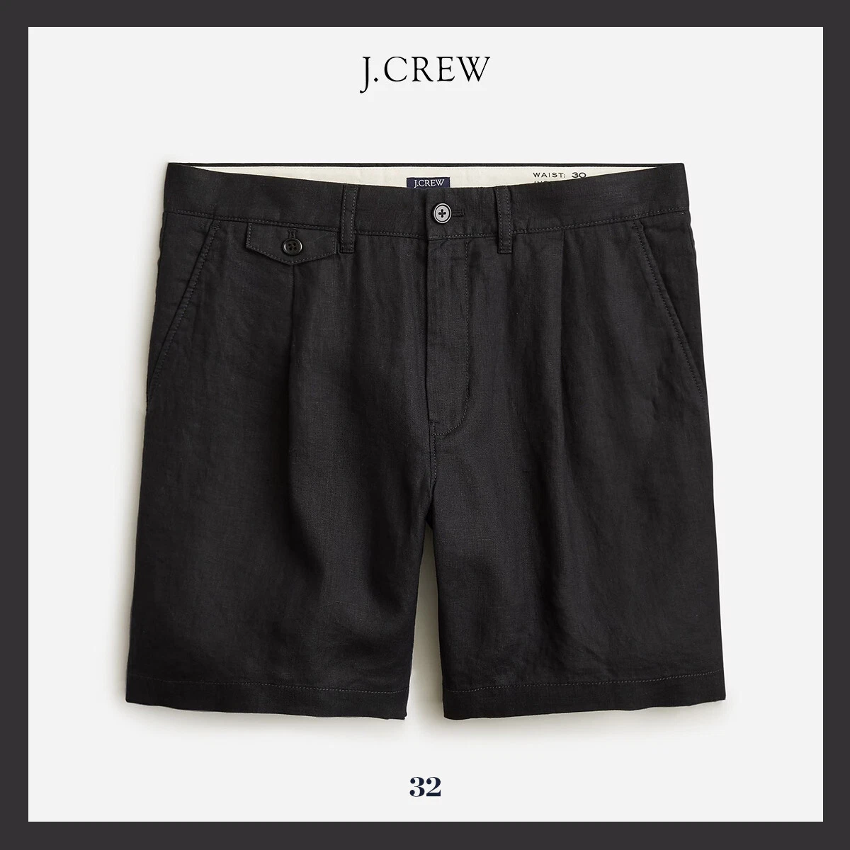 NWT - J. Crew Men's 7.5" Pleated 100% Linen Short, Black 32 Waist - $89