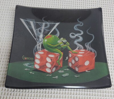 Michael Godard Sitting On Seven & Loaded Dice 6'' Glass Olive Plates, Set Of 2