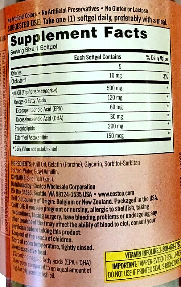 Aceite de krill Kirkland Signature 500 mg Omega-3 + astaxantina 180 cápsulas blandas EXP 08/2026 Foto 2 de 3