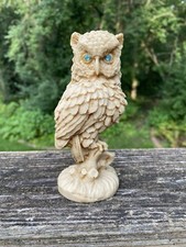 Vtg Owl With Green Eyes Resin Figurine Perched on Tree Branch 5” Tall