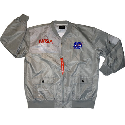 NWOT Men NASA Logo Spellout Asstseries Bomber Flight Jacket 3XL Reflective Gray