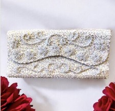 Bon Soir Vintage 60's White Silk Beaded Clutch Double Sided Made by Hand