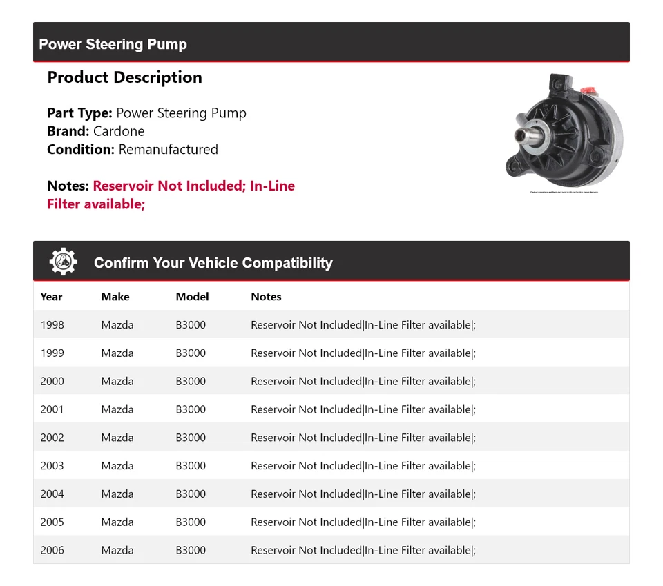 Bomba de dirección asistida Cardone para Mazda B3000 1998-2006 1999 2000 2001 2002 2003 Foto 2 de 4