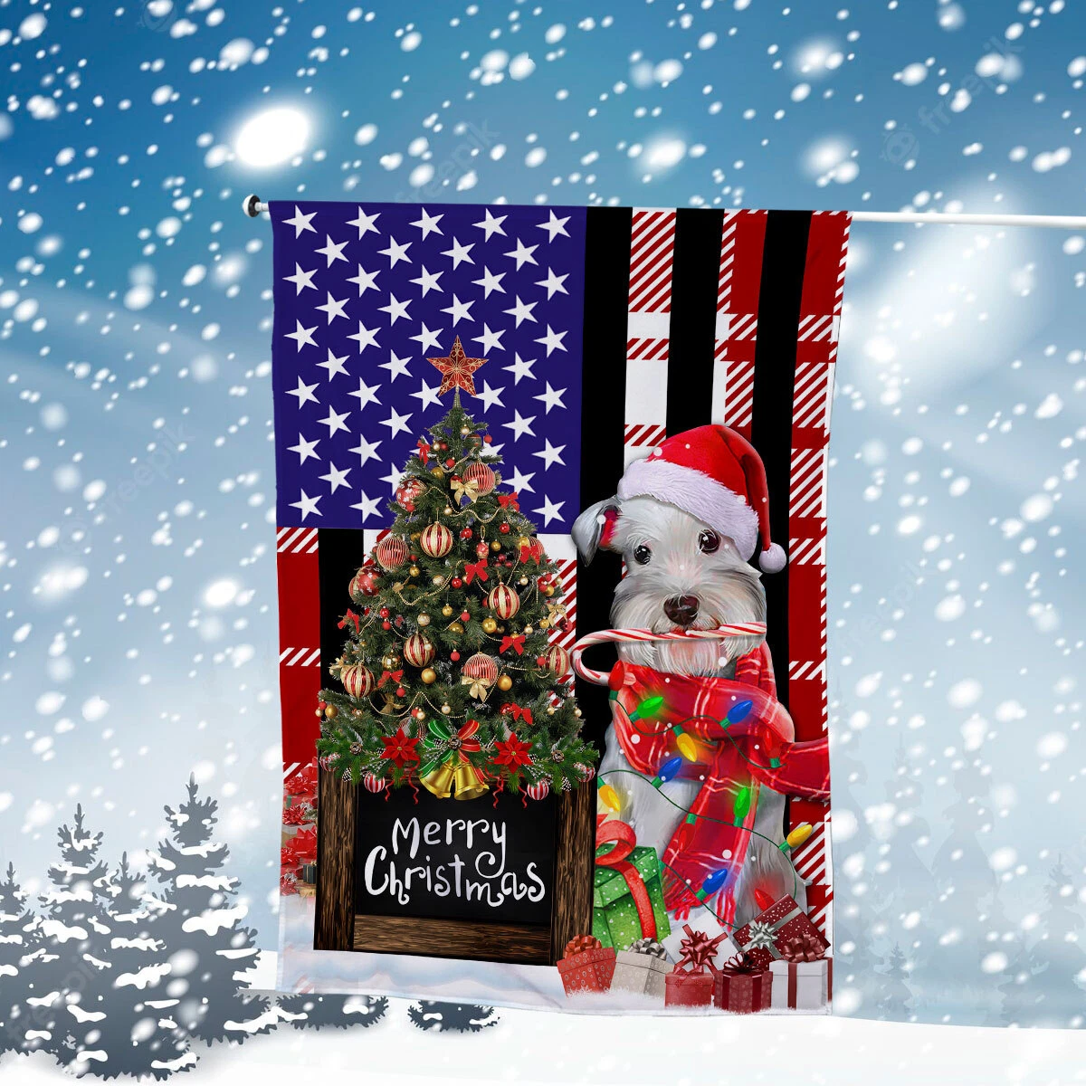 Miniature Schnauzer Dog Merry Christmas Flag, Schnauzer Dog Christmas Tree Flag