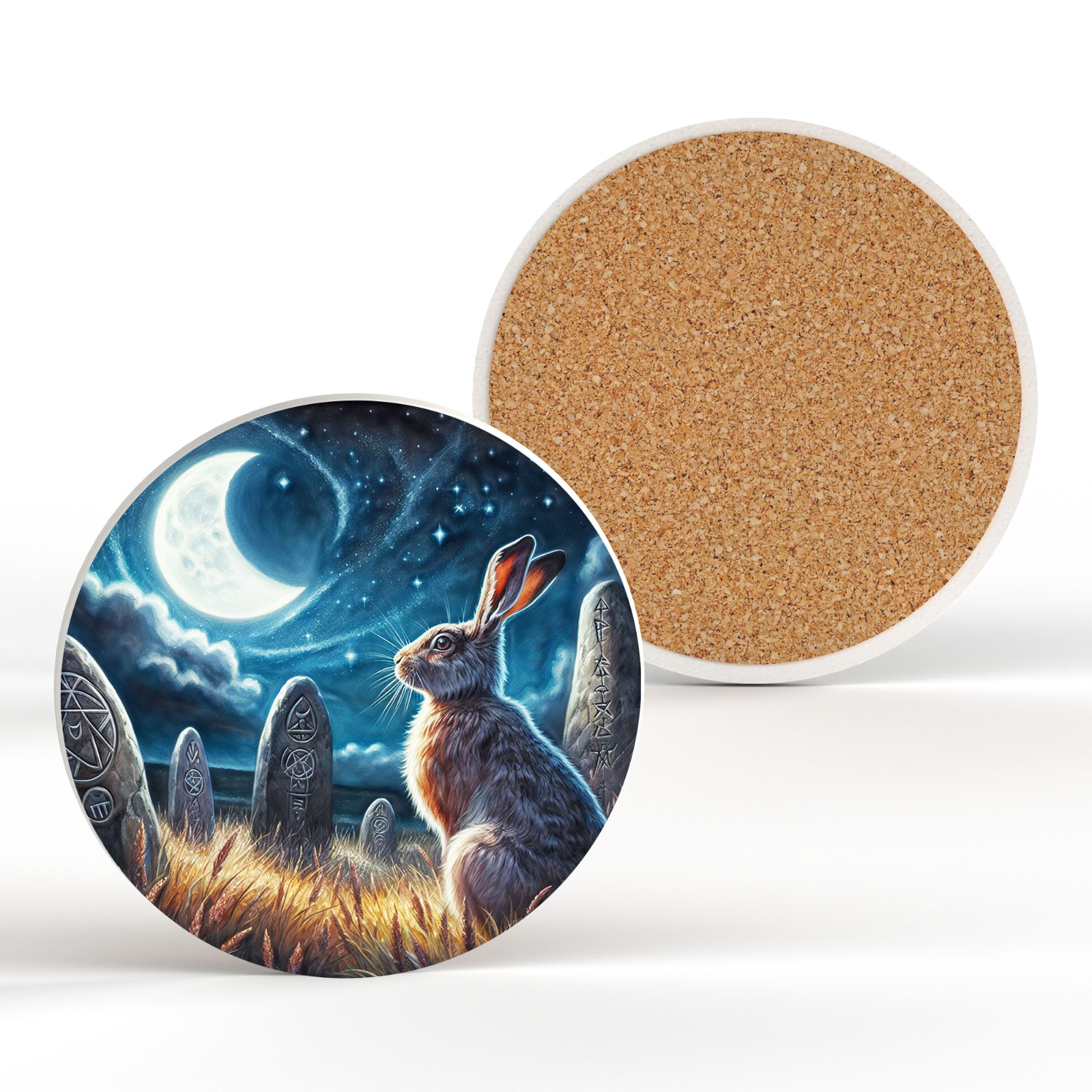 Hare Gazing In The Runes Spiritual Artwork On Ceramic Round Coaster