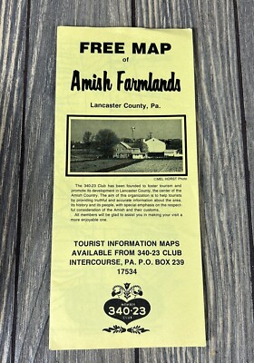Vintage Map Of Amish Farmlands Lancaster County PA Yellow Map Brochure 