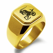 Stainless Steel Capricorn Astrology Icon Mens Square Biker Style Signet Ring