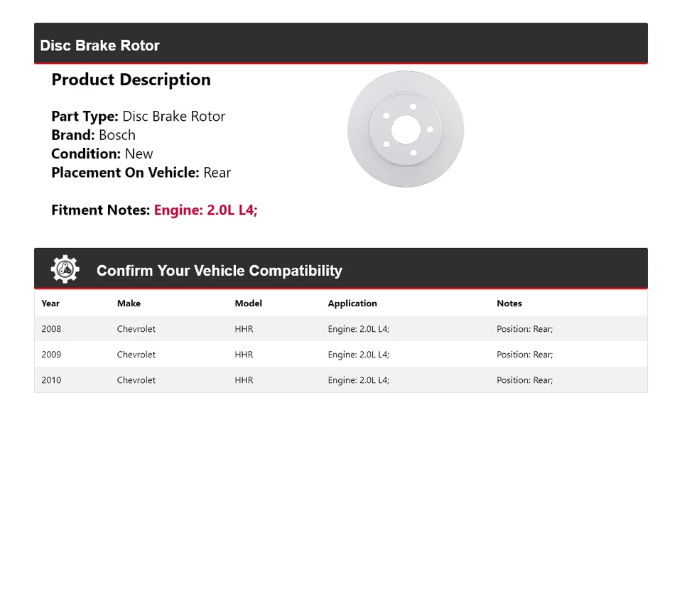 Задний тихий литой дисковый тормоз ротор для 2008-2010 Chevrolet HHR 2,0 л L4 Bosch 2009 - Изображение 2 из 4