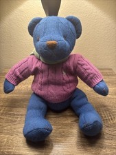 Polo Ralph Lauren 14" Blue Plush Teddy Bear W/ Knit Purple Sweater Scarf 2004