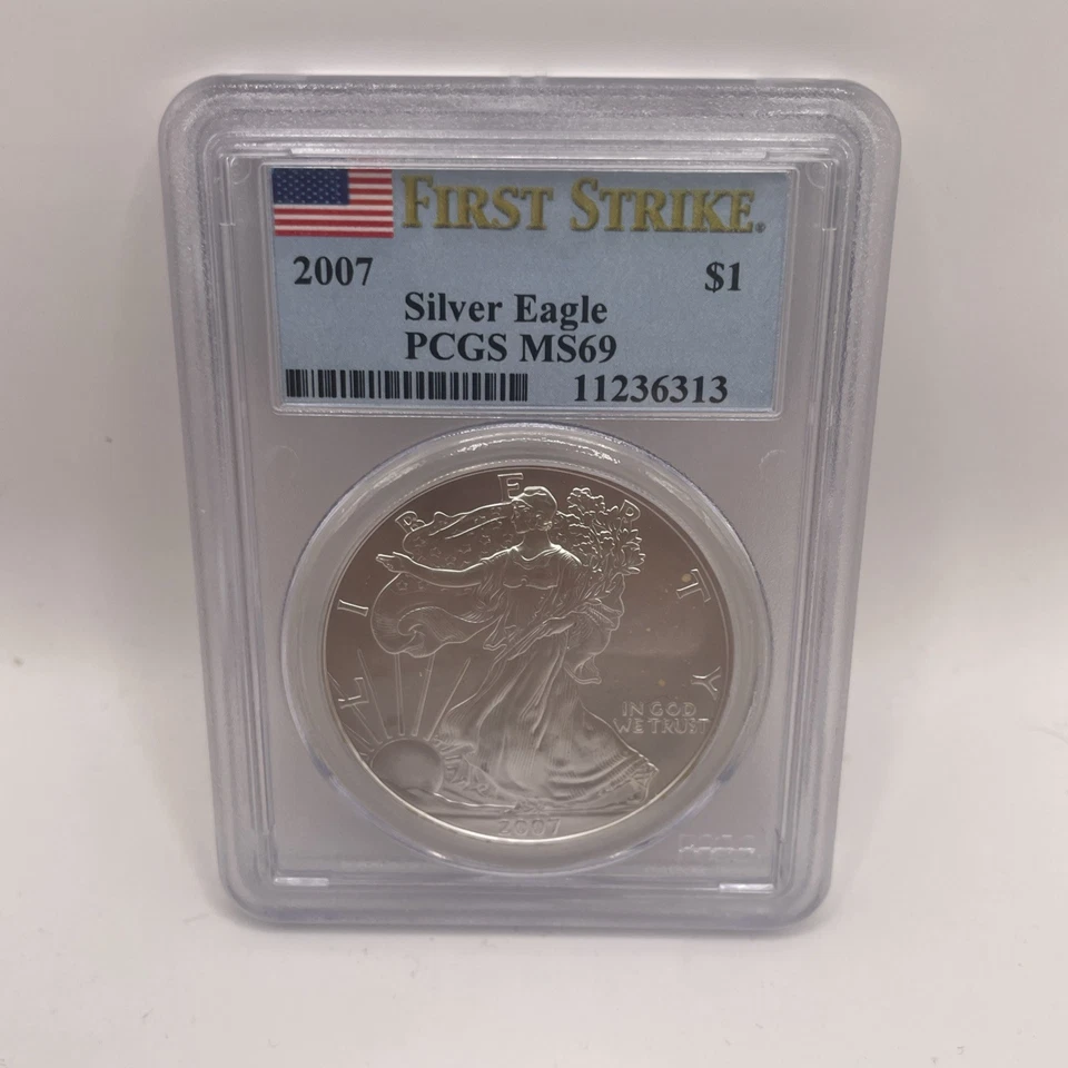 Lote de 3 American Silver Eagle 2007 $1 graduación profesional MS69 First Strike Foto 3 de 4