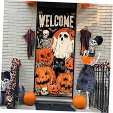 Welcome Halloween Door Curtain Banner Pumpkin Black Cat Door Gothic Skull Ghost