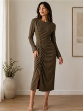 Zara Olive Midi Dress with Ruched Button Front Size S