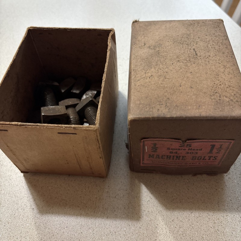 5- VINTAGE, N.O.S., 1/2" X 1 1/2" SQUARE HEAD & NUTS MACHINE BOLTS W/BOX