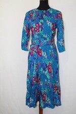 Vtg ITEMS Sz 8 Blue Floral Rayon Shift Dress Belted Long Sleeve USA