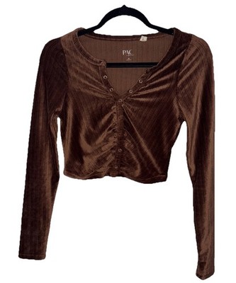 PAC Cares Brown Ribbed Velvet Ruched Button Up Cropped Top Size XS