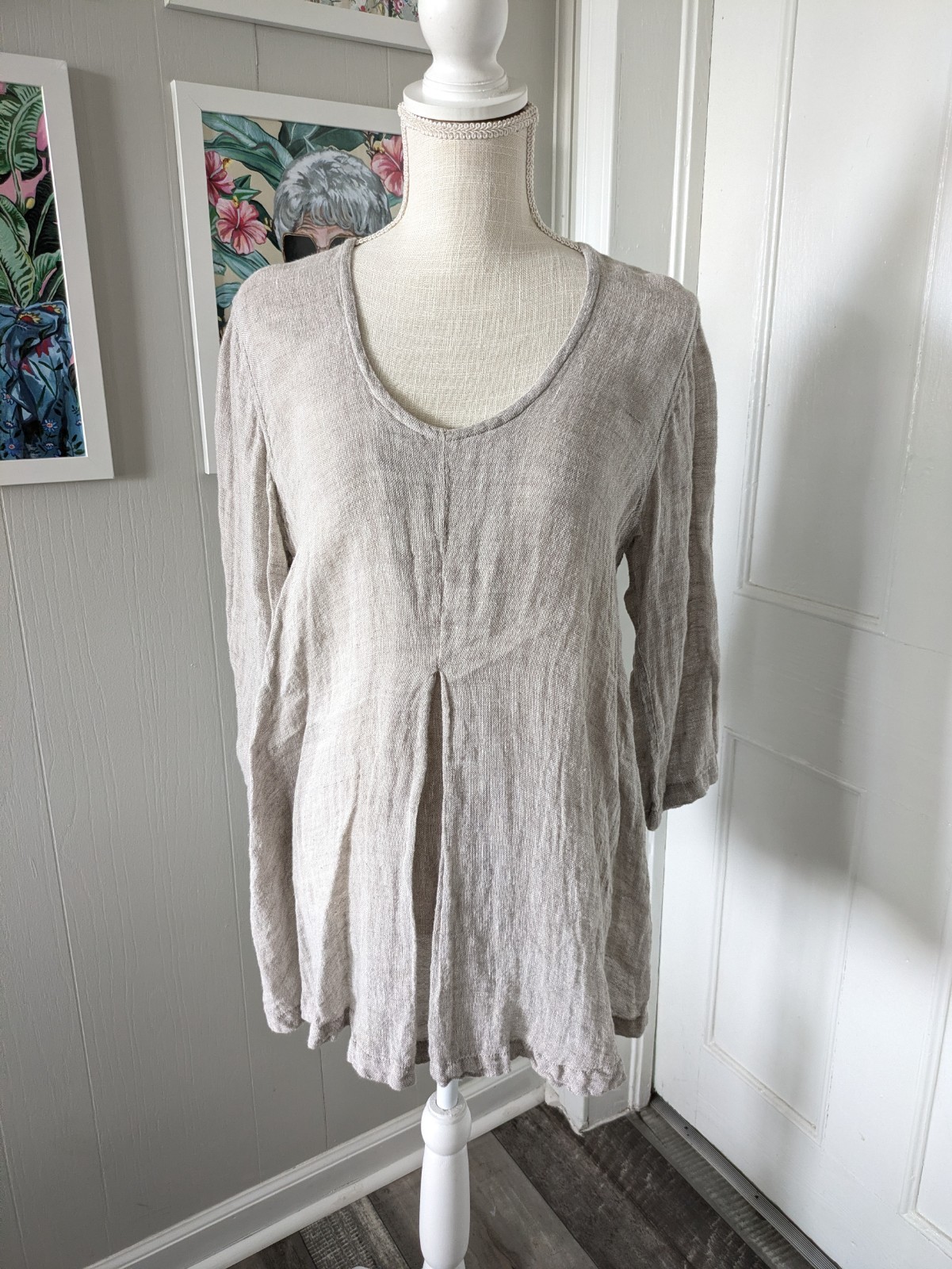 FLAX Linen Tunic Top Cream S Oversized Lagenlook 3/4 Sleeve Boho Minimalist