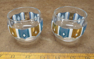 2 Vintage MCM Culver punch glass Turquoise Gold White atomic