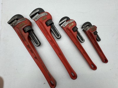 Lot of 4 Ridgid Cast Iron pipe wrenches 2x18'', 14'' & 10'' All sharp teeth