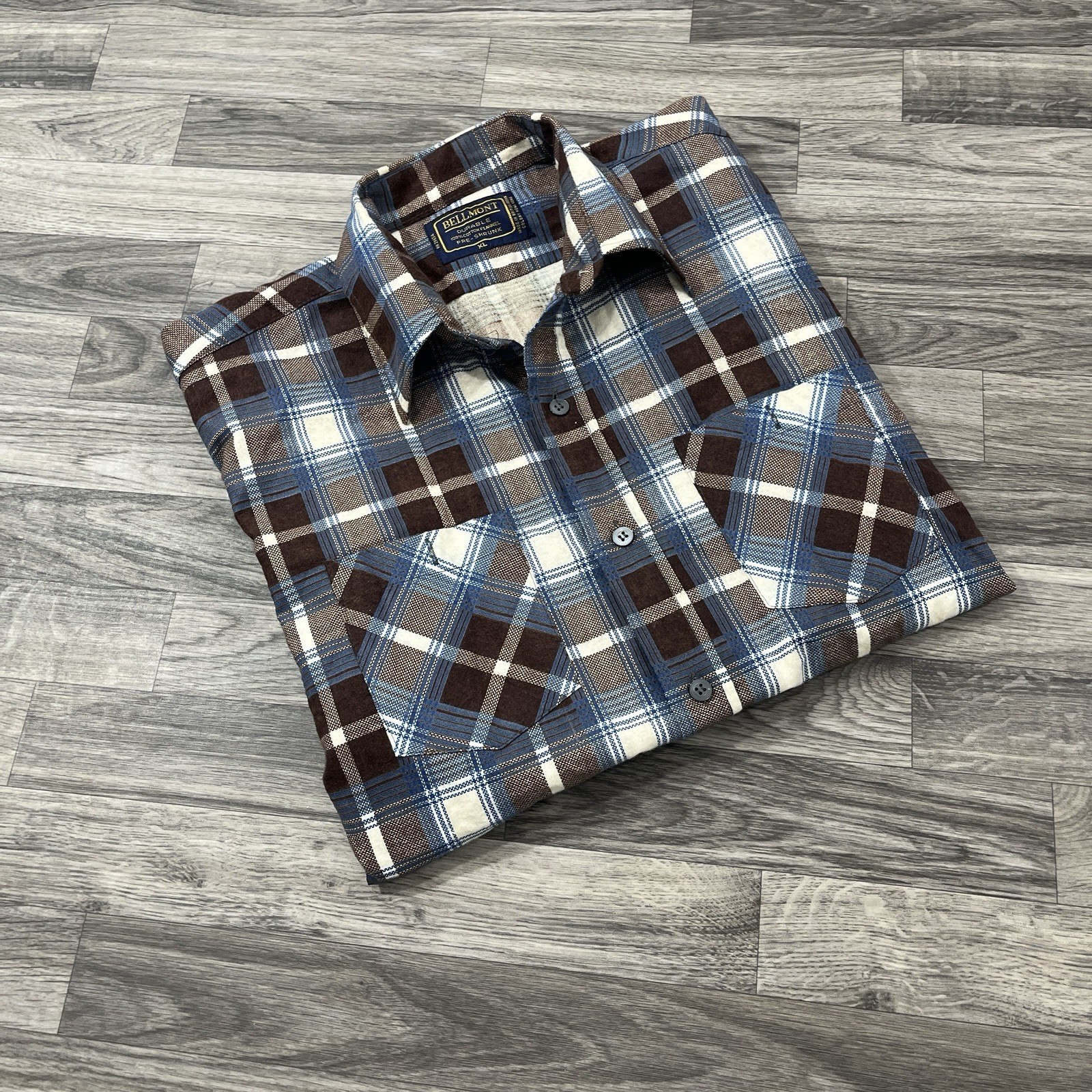 Bellmont Durable 100% Cotton Flannel Shirt XL Blue Plaid Button Up Pre-Shrunk