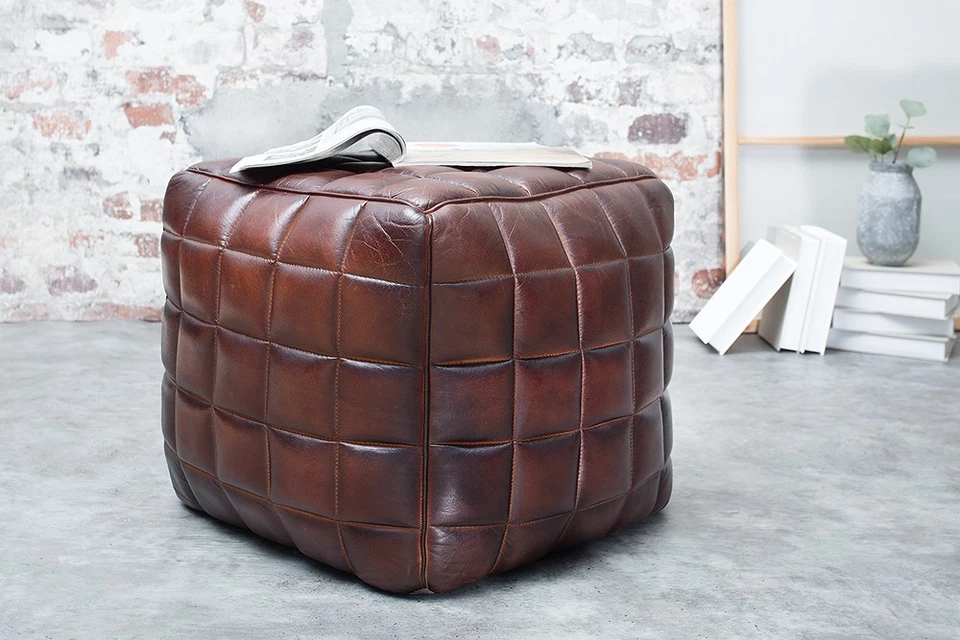 Retro Hocker RIDER 40cm braun Echtleder mit Ziersteppung Fußhocker Sitzwürfel - Bild 2 von 4