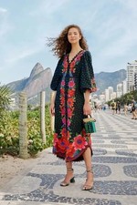 FARM RIO Med Floral Bird Balloon Puff Sleeve Blooming Garden Maxi Dress Vacation
