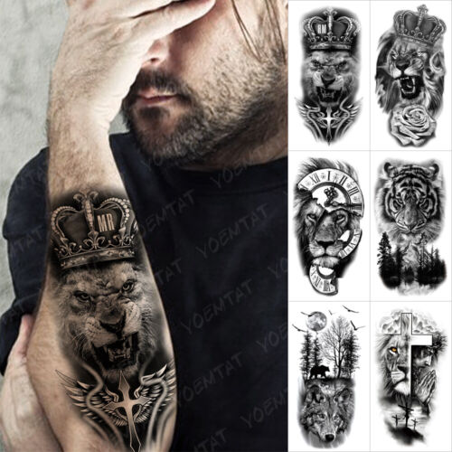 6pcs Large Arm Waterproof Temporary Tattoo Sticker Wolf Lion Animal Tattoos  Men | eBay