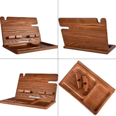 Wood Docking Station Nightstand Organizer 2 Phones, Wallet, Watch, Tablet & more