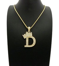 ICED 14K GOLD PT LETTER D CROWN CZ PENDANT W/ 24" VARIOUS CHAIN BLING NECKLACE
