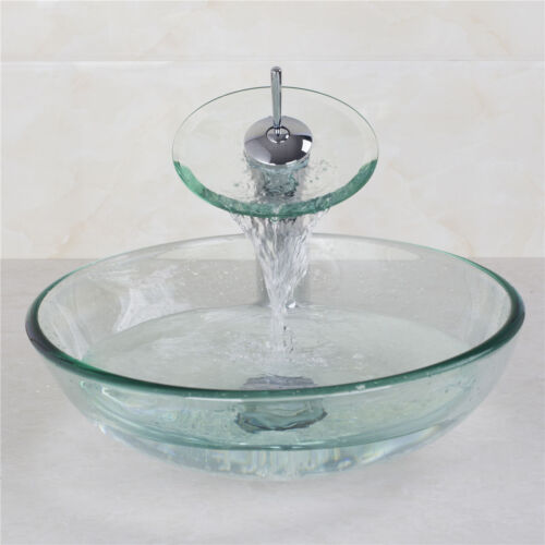 Clear Bathroom Round Vessel Sink Tempered Glass Bowl Waterfall Mixer Faucet Taps - Picture 3 of 11