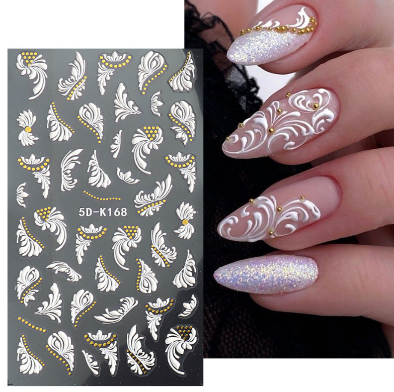 5D Embossed White Nail Art Stickers Butterfly Flower Self Decal