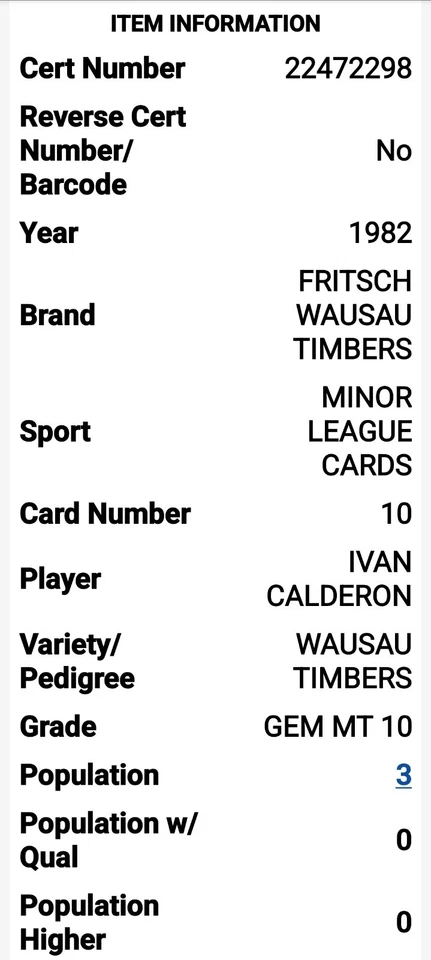 1982 Fritsch #10 Ivan Calderon RC PSA 10 Wausau Timbers -Mariners POP 3 Sox - Image 3 of 3