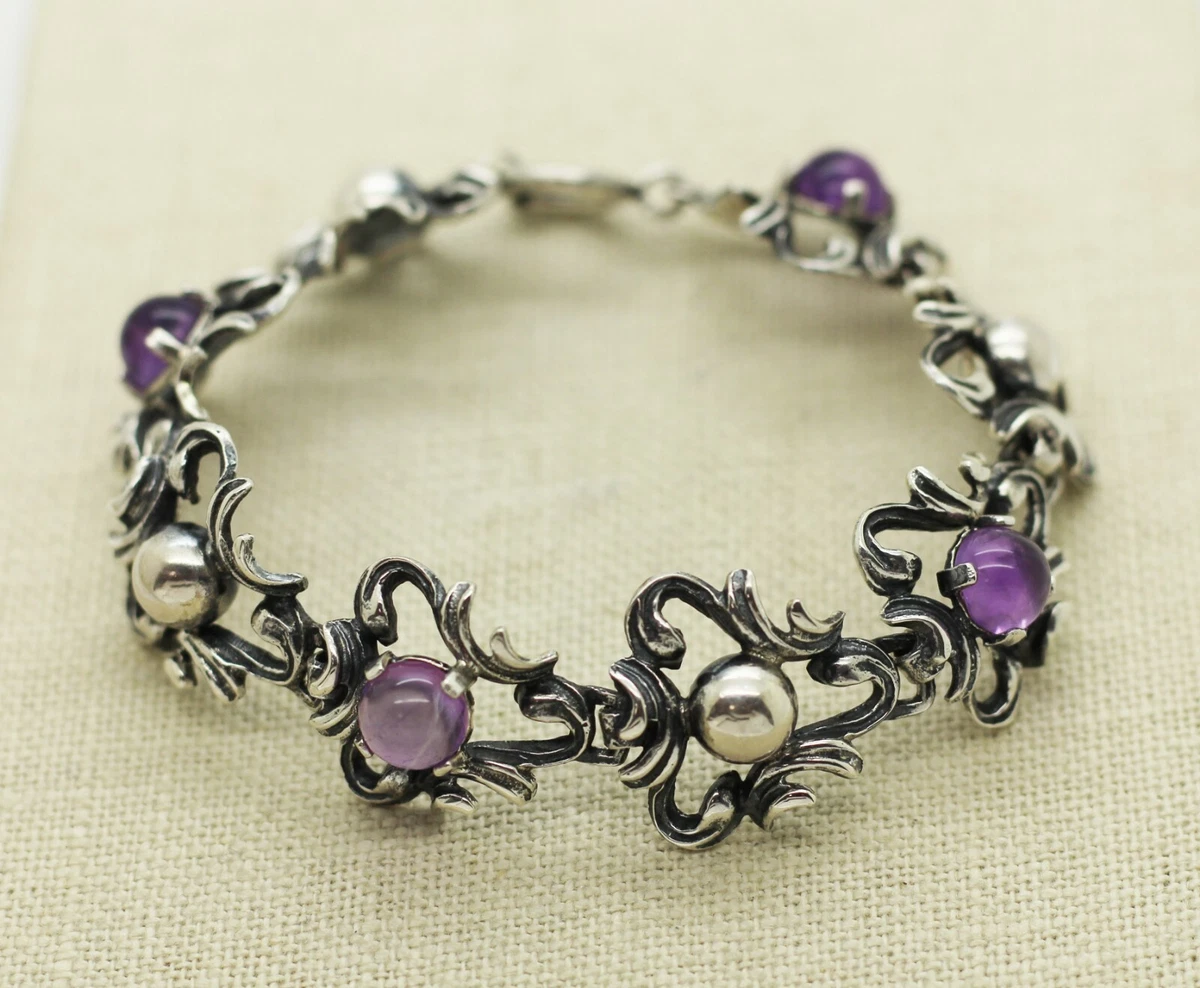 Antique Vintage Sterling Silver 835 Genuine Amethyst Link Bracelet 7.75