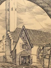 Antique realist landscape cityscape ink drawing