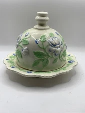 Rare Country Blue Cabbage Rose Hand Painted Round Covered Cheese Or Butter Dish