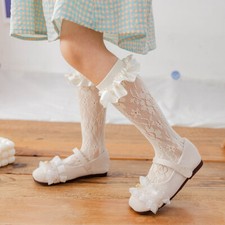 1 Pair Kids Girls Socks Lace Floral Hollow Knee High Frilly Ruffle Wedding Sweet