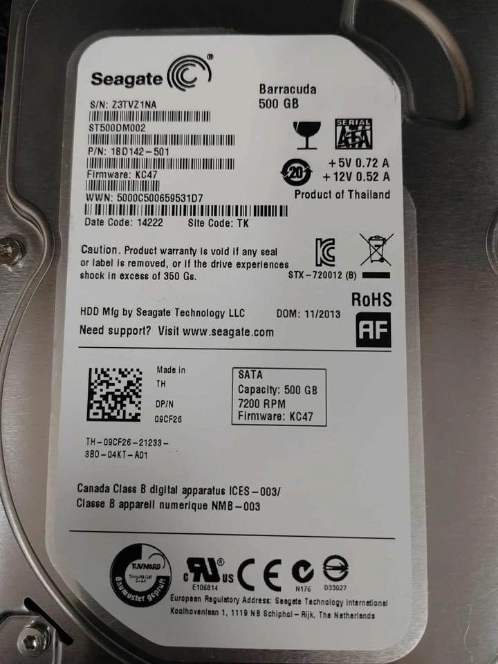 Dell 9CF26 ST500DM002 18D142-501 500GB 7.2K RPM FW KC47 DC 14222 SATA 3.5" HDD - Image 3 of 4