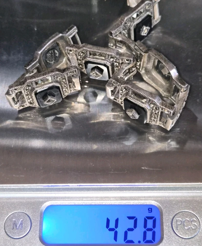 Pulsera Art Deco de ónix y marcasita de ley 8" Foto 3 de 4