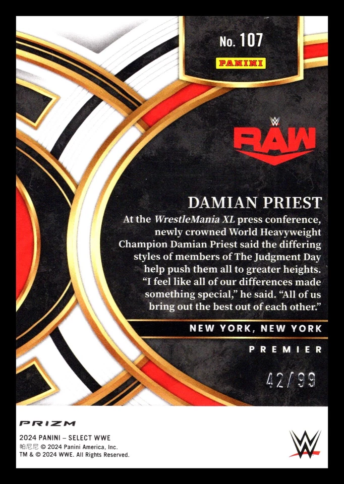 2024 Panini Select WWE - Premier Level Damian Pries #107 Red Wave Prizm /99 - Image 2 of 2
