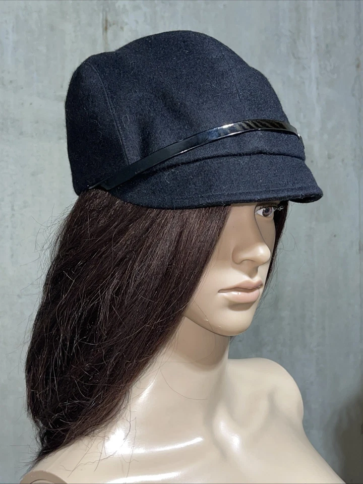 Nuevo Eugenia Kim Vintage Newsboy Negro Charol Correa Lana Fieltro Gorra Sombrero Foto 4 de 4