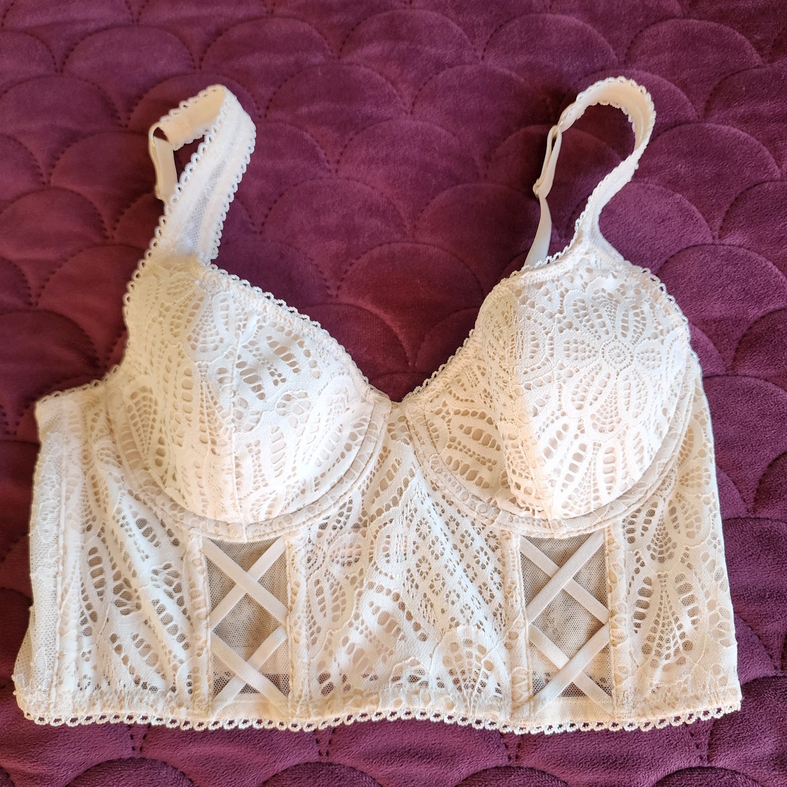 Victoria's Secret Dream Angels Corset Demi Bra 34C Beige Eyelet Lace Hooks