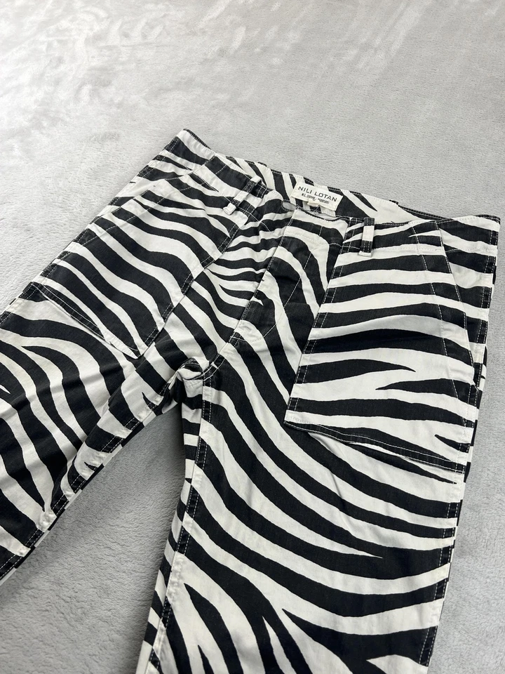 Calça Nili Lotan Feminina 6 Preto Branco Zebra Estampa Animal Bainha Crua Fabricada nos EUA - Imagem 3 de 4