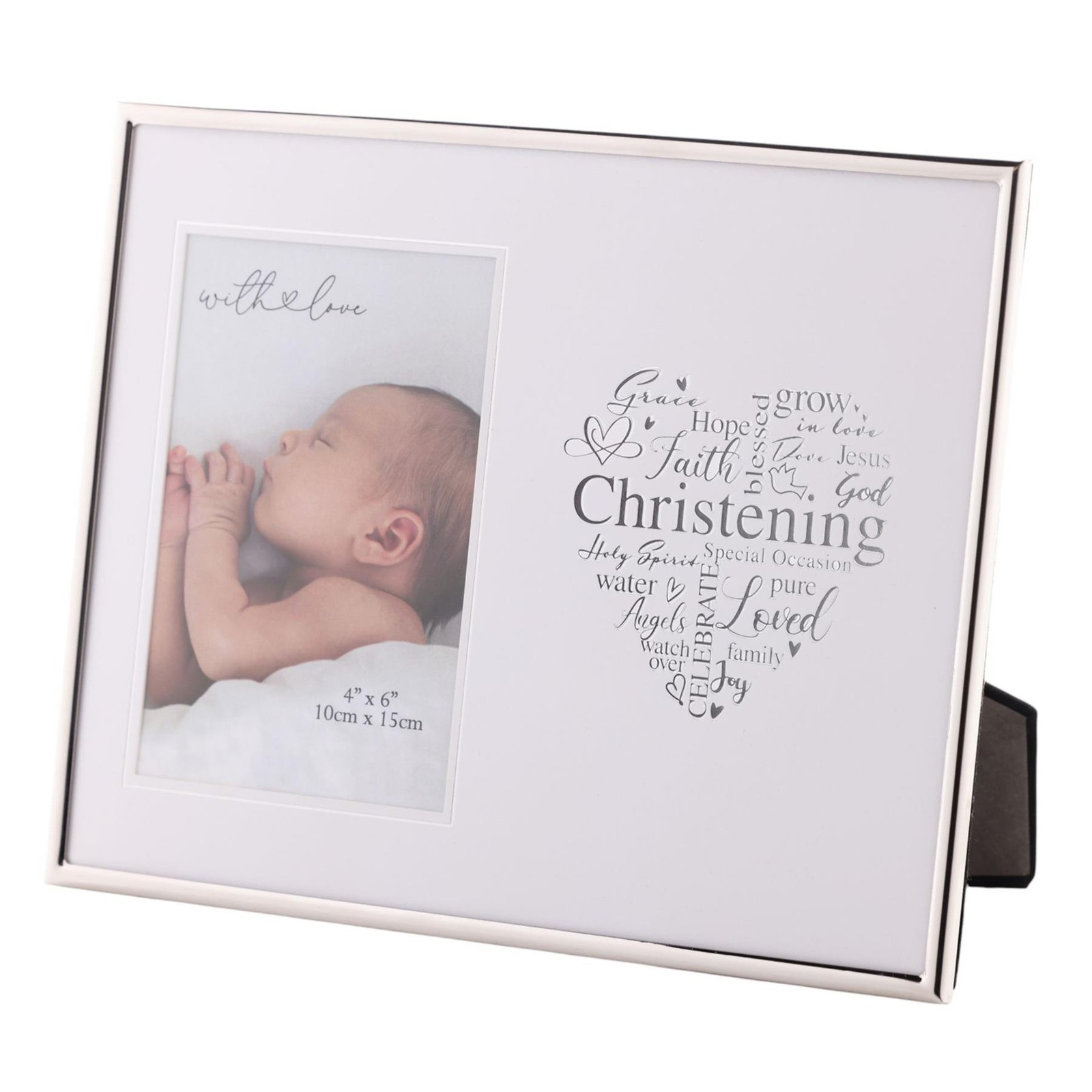 Silver Photo Frame for Christening 4'x6' Picture with Heart Script - Image 2