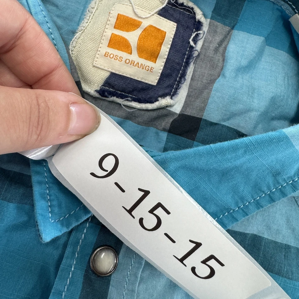 Camisa Hugo Boss Naranja Para Hombres XL Azul Cuadros Western Botón a Presión Manga Larga Top Foto 3 de 4