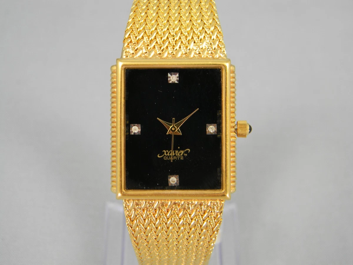 Vintage Xavier Mens Watch 24mm Black Dial Gold Tone Bracelet Diamond New Battery Vintage style Xavier mens rectangular gold tone dress watch  main image 2