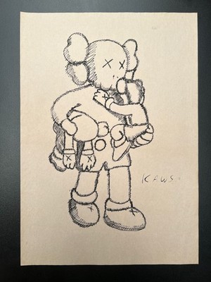 KAWS (Handmade) Zeichnung auf altem Papier signiert Mischtechnik, Vintage Kunst