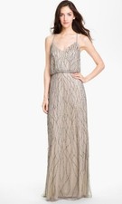 Adrianna Papell Beaded Mesh Blouson Gown Champagne Taupe Silver sz 10 Bridesmaid
