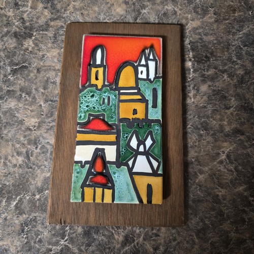 Vintage JERUSALEM ISRAEL TILE Wall Plaque Ceramic & Wood 7.5" Tall Souvenir